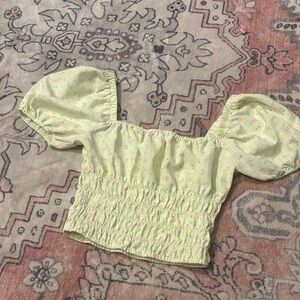 Elodie Light Green Floral Fabric Smocked Cropped Top, size Small